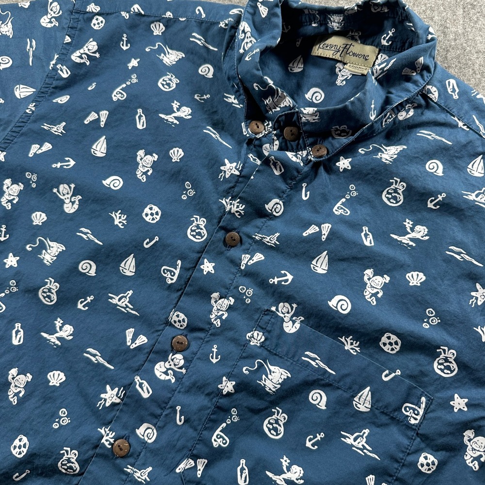 Kenny Flowers Button Down Shirt Mens Size M Blue Nautical Mermaid Scuba Print